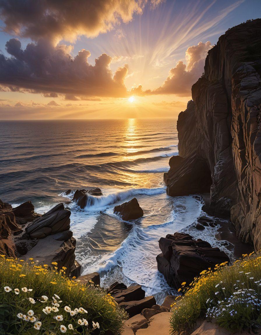 A serene landscape at sunrise, symbolizing hope and renewal, with a shadowy figure standing at the edge of a cliff, looking towards the horizon. The figure's silhouette is softened by golden rays breaking through dark clouds, representing transformation from sorrow to empowerment. Surrounding elements include blooming flowers and gentle waves below, illustrating nature's healing power. painterly style. soft color palette. uplifting atmosphere.