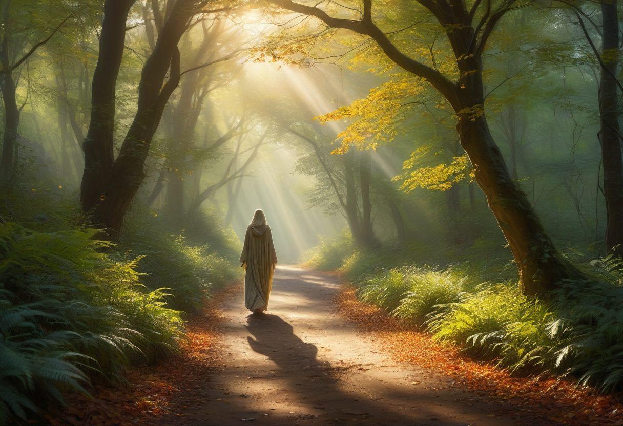 A solitary figure walking down a misty forest path, with dappled sunlight breaking through the trees, casting shadows that evoke a sense of melancholy yet hope. Soft ethereal light glimmers on dew-covered leaves, and in the distance, a small ray of sunlight shines through as a symbol of hope. The atmosphere should be introspective and emotional, capturing the essence of a journey through sadness to find light. super-realistic. vibrant colors. dreamy ambiance.