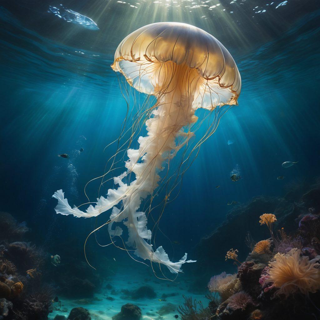 A serene underwater scene depicting a lost diver surrounded by dark, swirling depths, yet illuminated by soft rays of light breaking through the surface above. Ethereal jellyfish float gracefully, symbolizing beauty in sadness, while shadowy fish dart in the background, representing fleeting moments of despair. The contrast between the deep blue water and the warm light highlights a journey towards hope and tranquility. painting. ethereal colors. soft lighting.